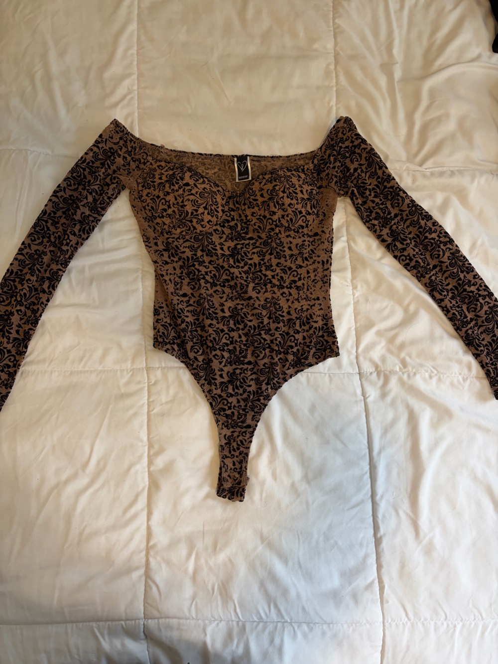 Brown Velvet Off the Shoulder Long Sleeve Bodysuit